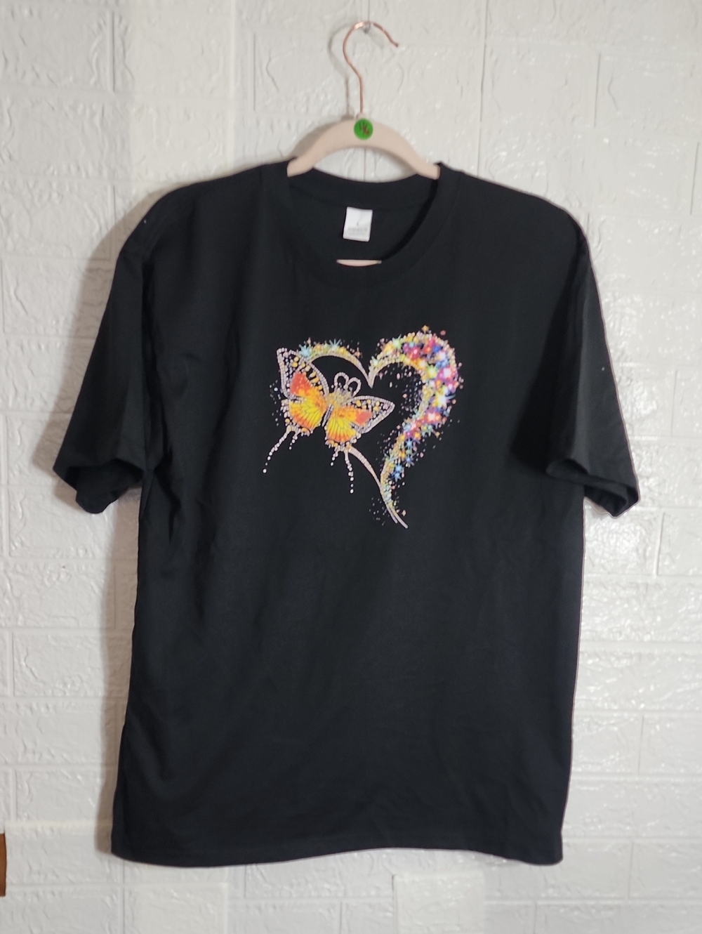Black Short Sleeve Tee with Colorful Butterfly & Heart Graphic